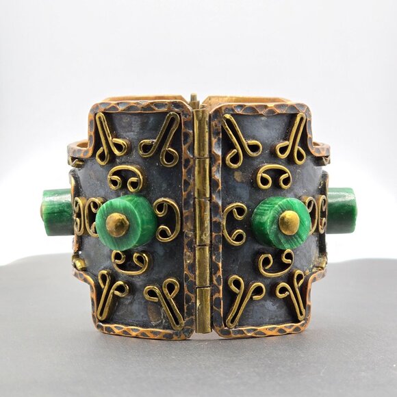VTG Casa Maya Brutalist Copper & Malachite 2" Wide Cuff Bracelet 7" Mexico 99.8g - Picture 2 of 15